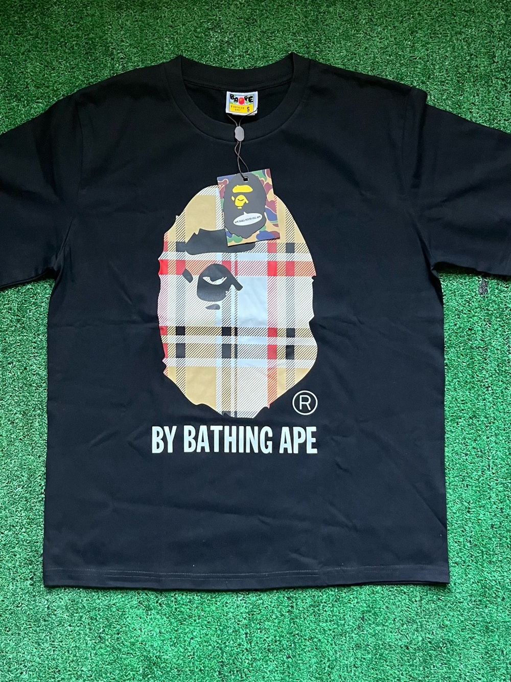 Bape Black Plaid Ape Head Graphic Tee